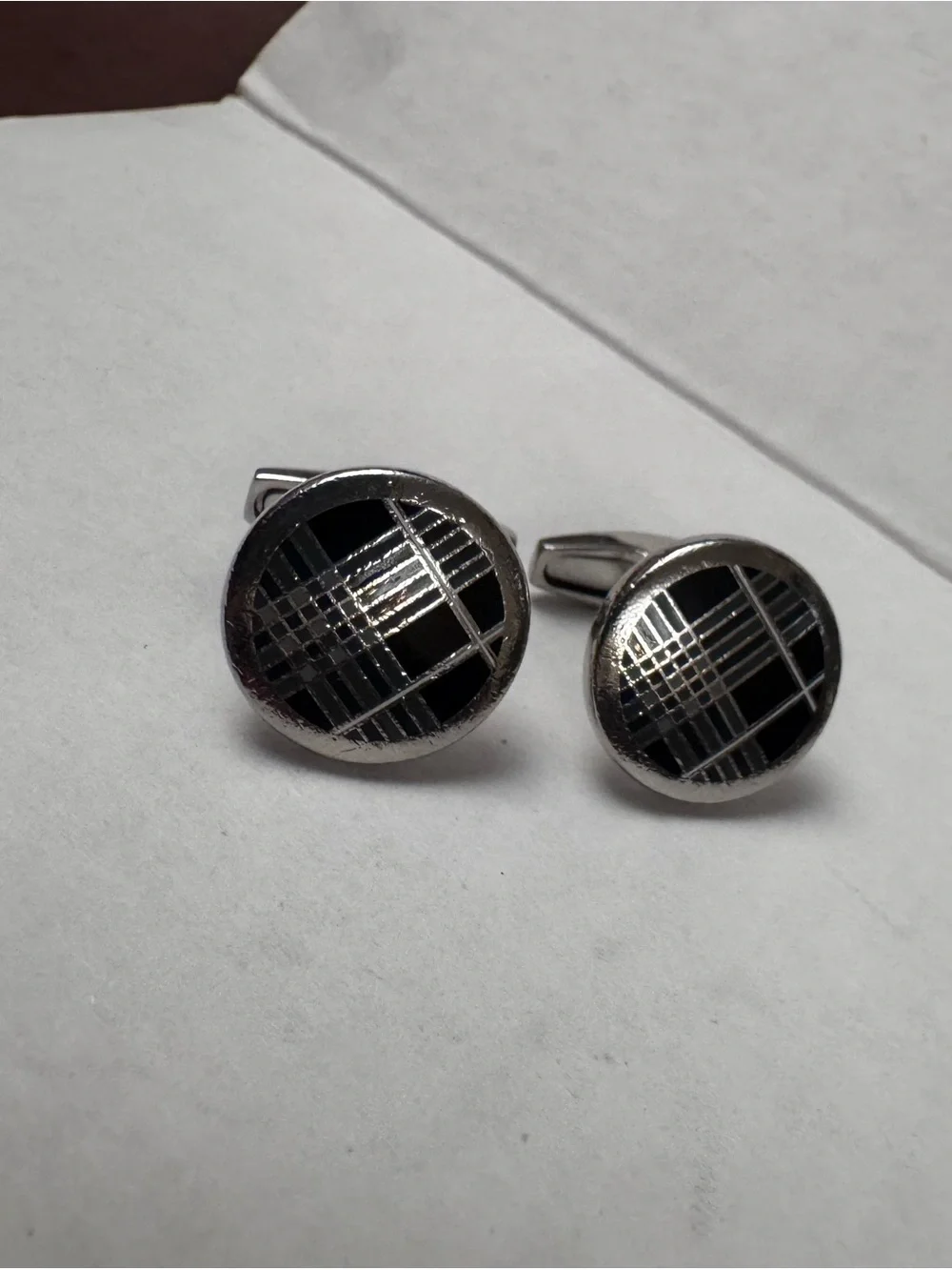 Authentic Vintage Burberry Round Nova Check Enamel Cufflinks - Silver-Tone